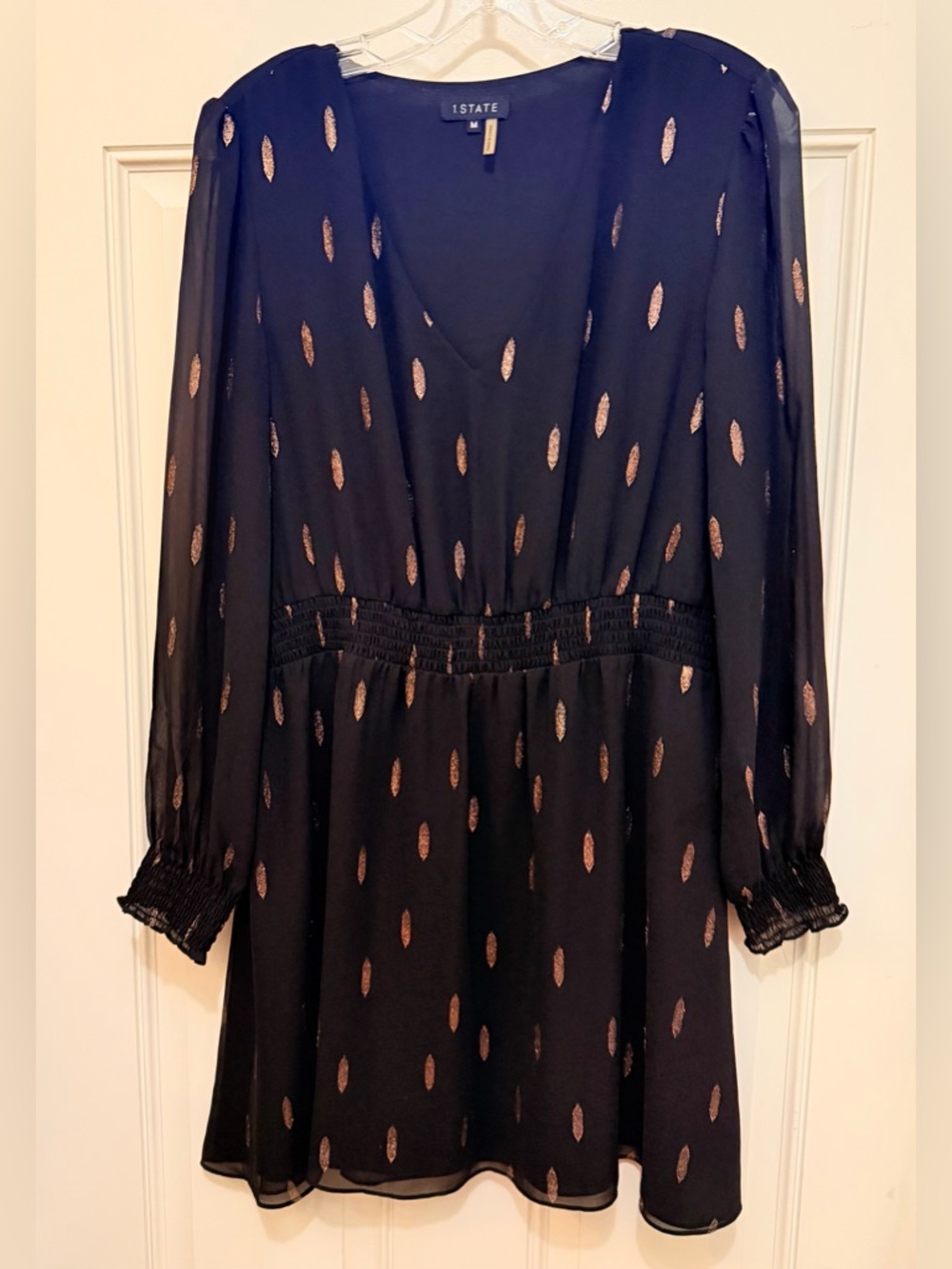 1State Black Mini Dress with Gold Dot Accents